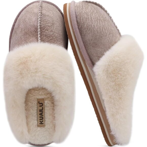 ⚡Women Beige Suede Fluff Dual Memory Foam Arch Support Warm Scuff Slipper - Picture 7 of 7